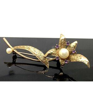 Zeeta Flower Brooch Pearl Purple Gemstone 9k Yellow Gold Vintage Estate Jewelry
